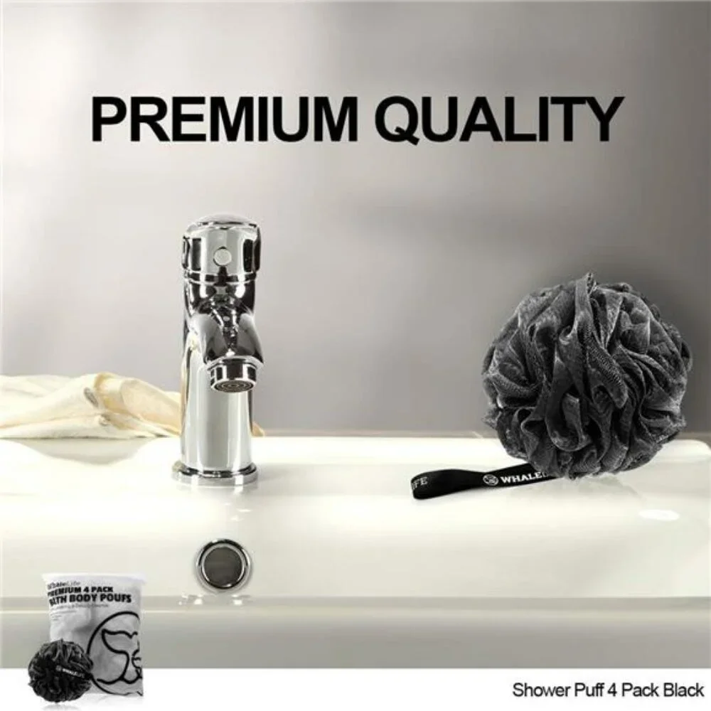 Shower Loofah Puff 4 Pack Black Bath Sponge Bamboo Charcoal Mesh Body Scrubber